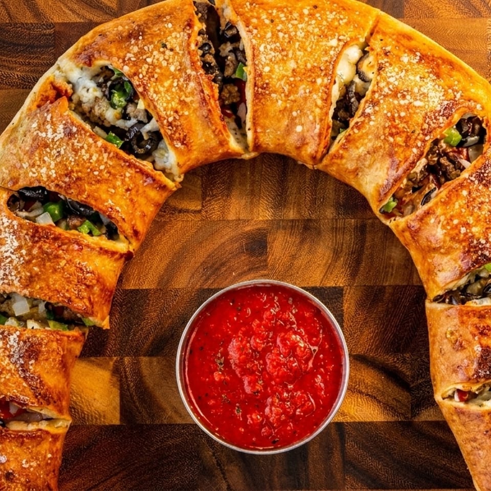 A golden-brown, crescent-shaped stromboli, sliced to reveal its savory filling, with a side of marinara sauce.