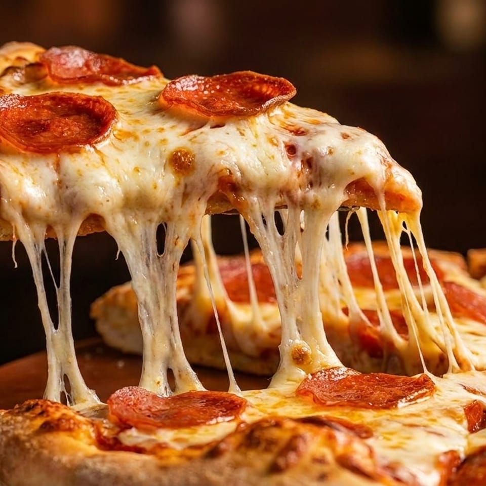 A slice of pepperoni pizza being lifted, with abundant melted cheese stretching from the pie.