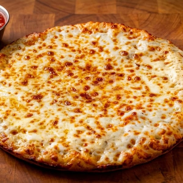 A whole cheese pizza with a side of marinara sauce on a wooden cutting board.