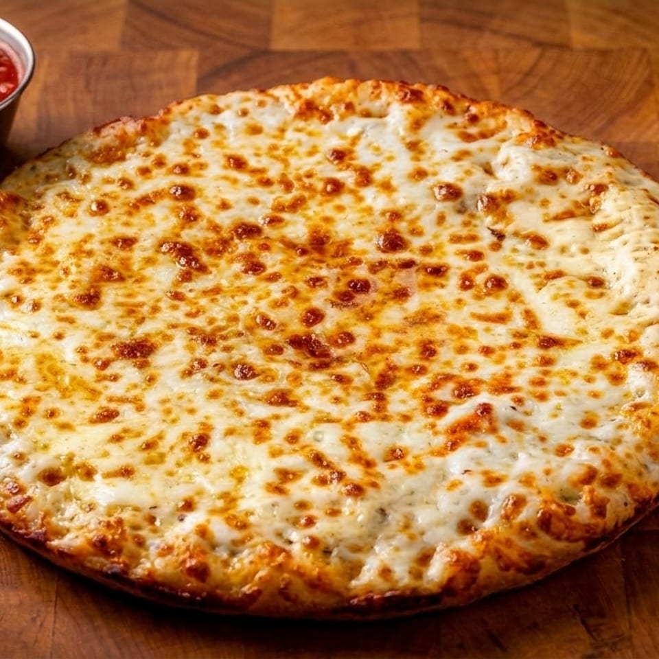 A whole cheese pizza with a side of marinara sauce on a wooden cutting board.
