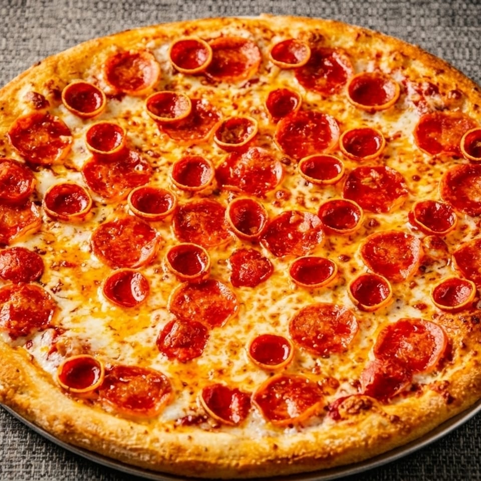 A whole pepperoni pizza with a golden crust and melted cheese on a dark gray textured surface.